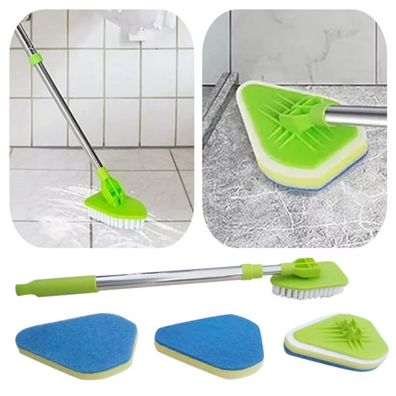 Extendable Cleaning Mop Long Handle 180掳 Rotating Triangle Scrub Brush Retractable Multifunctional Shower Mop Complete with Rod Brush Head and 3 Sponge Replacement Pads Bathroom Mop Green - One Size