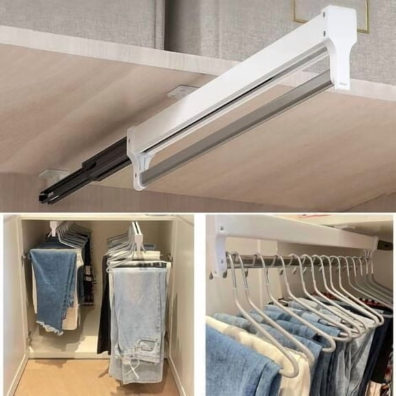 Extendable Clothes Rail with Pull Out Hangers, Adjustable Telescopic Bar, 40cm, White