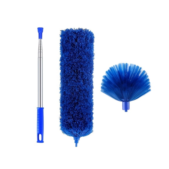 Extendable Cobweb Duster with Lightweight Aluminum Pole - Stainless Steel Handle, Medium-Stiff Bristles for Commercial Cleaning-97-inch Three-Piece Set - Royal Blue