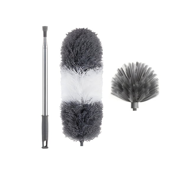 Extendable Cobweb Duster with Lightweight Aluminum Pole - Stainless Steel Handle, Medium-Stiff Bristles for Commercial Cleaning-97-inch Three-Piece Set - Gray White Grey