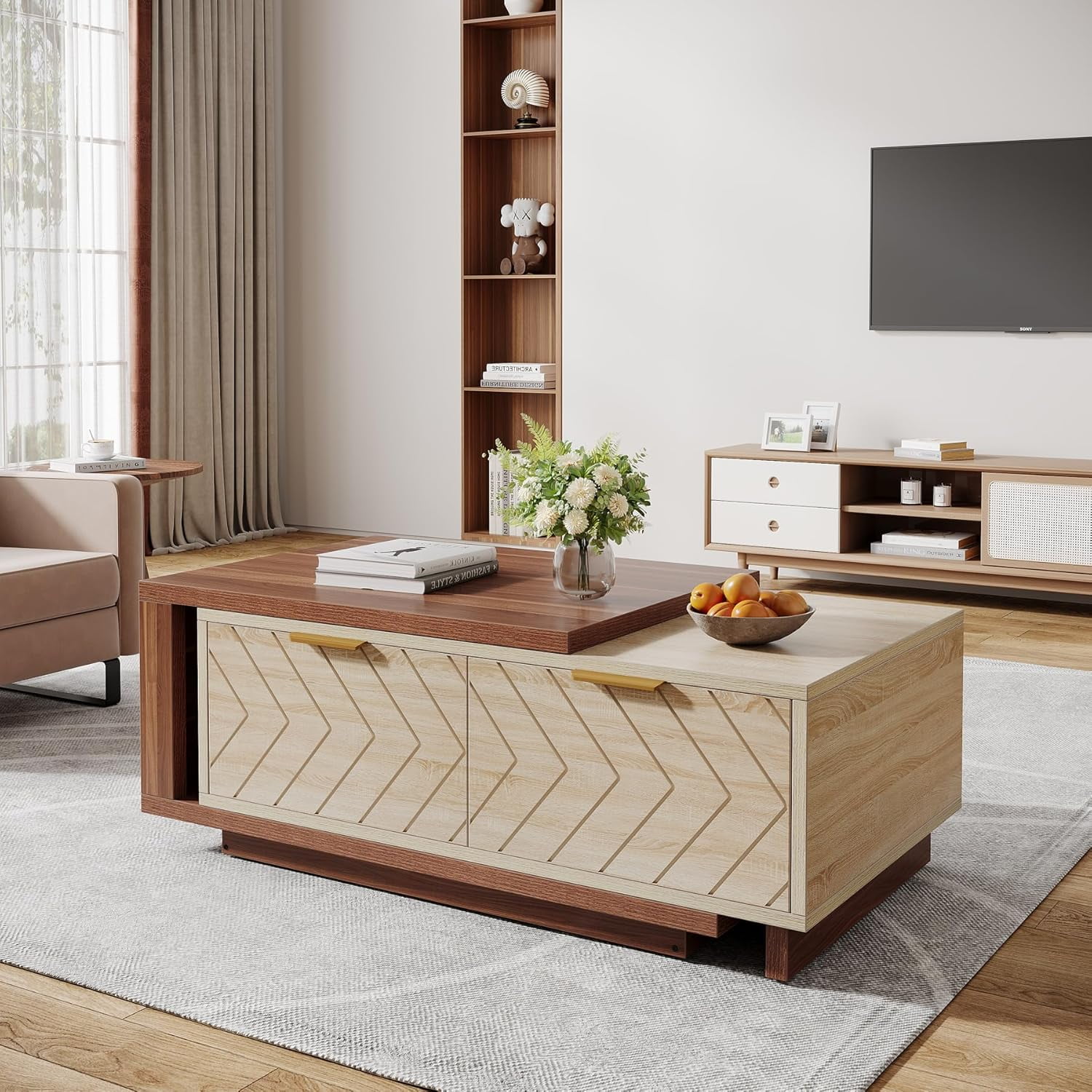 Extendable Coffee Table, 42"-65" Length Adjustable Reversible Wood ...