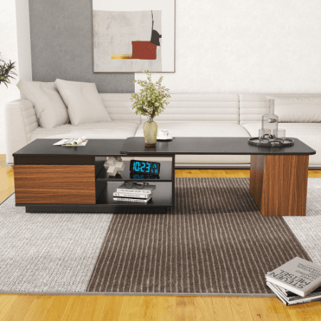 Extendable Coffee Table, Length Adjustable Wood Coffee Table With 2 Storage Drawers For Living Room, Large Long Rectangular Center Table