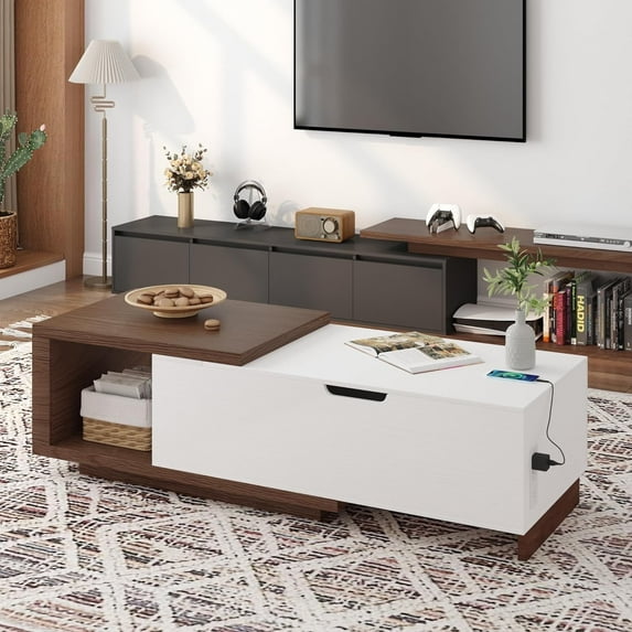 59" Extendable Coffee Table with Lift Top, Wood Coffee Table with Charging Station & Hidden Storage Space, 47.2"-59" Large Adjustable Extendable Center Table for Living Room, White