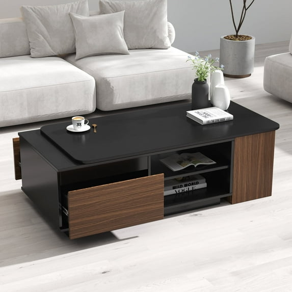 47" Extendable Coffee Table, Modern Rectangular Center Table with 2 Drawers and Open Shelves, Wood Large Space Saving Table, for Living Room, Bedroom