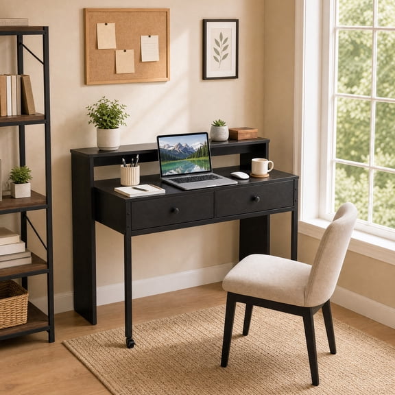 Extendable Computer Desk with 2 Drawers, Home Office Desk with Pull Out Secondary Desk for Study,Working,Writing,Black