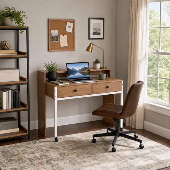 Extendable Computer Desk with 2 Drawers, Home Office Desk with Pull Out Secondary Desk for Study,Working,Writing,Natural