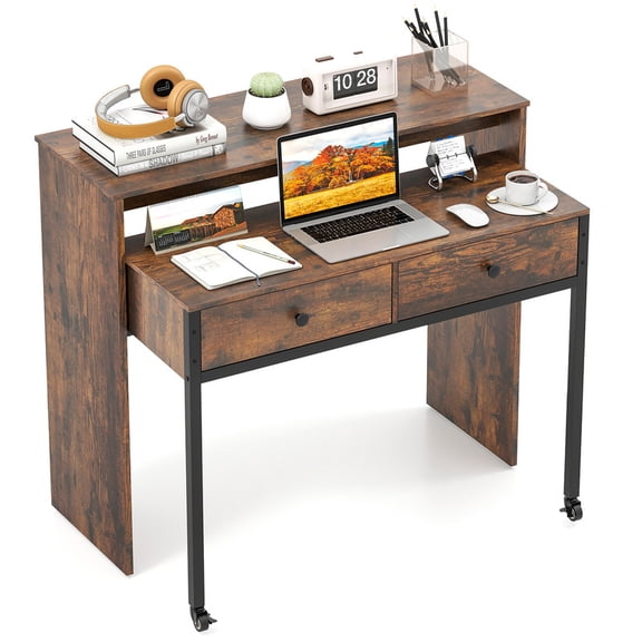 Extendable Computer Desk with 2 Drawers, Home Office Desk with Pull Out Secondary Desk for Study,Working,Writing，Rustic Brown