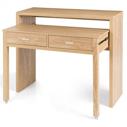 Extendable Computer Desk with Pull Out Secondary DeskNatural Color