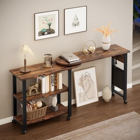 Extendable Console Table with Wheels, Rustic Brown Rolling Sofa Side Table with 2-Tier Storage Shelves, Narrow Accent Table for Living Room, Bedroom, Entryway