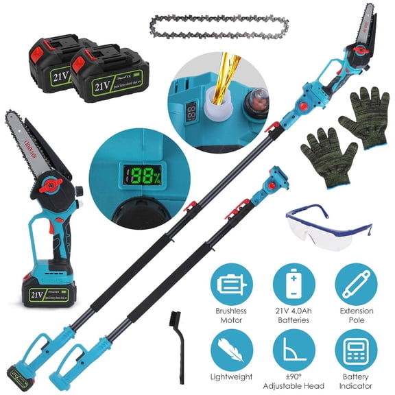 Extendable Cordless Pole Saw 5.3-7.4FT (Reach 13FT), 2-in-1 Handheld Chainsaw with ±90° Adjustable Head Brushless Motor 2×4000mAh Batteries for High Tree Limb Trimming