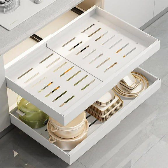 Extendable Cupboard Organiser, 18-26.8 Inch Expandable Pull-Out Drawers with Adhesive, Roll Out Shelf Storage for Kitchen Cabinets, Pantry, Bathroom, 3-Track Large, White