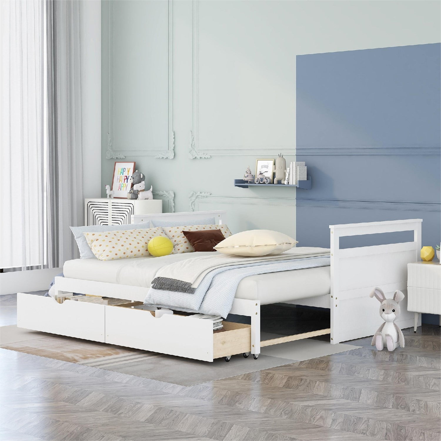 Extendable Daybed with 2 Storage Drawers, Wooden Twin Size Bed Frame