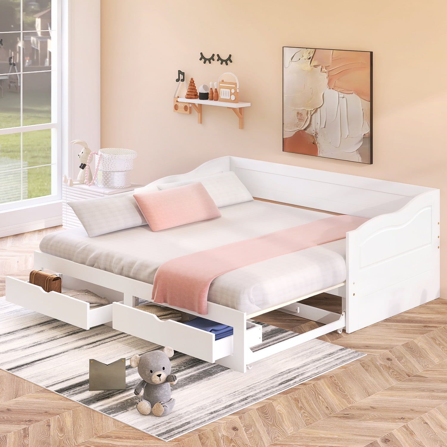 https://i5.walmartimages.com/seo/Extendable-Daybed-Trundle-Bed-Two-Storage-Drawers-Twin-King-Design-Wooden-Sofa-Frame-Kids-Teens-Adults-No-Box-Spring-Required-White-77-2-L-x76-4-W-x2_d3127c7c-e8b6-4857-9eaf-2c9a535480ff.a9651630ffafbbbca0474907259a616d.jpeg