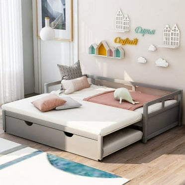 Extendable Daybed with Trundle,Twin to Double Twin Wood Bed Frame with Safety Guardrails and Wood Slats Support,Extending Sofa Bed for Kids Teens Adults,No Box Spring Needed