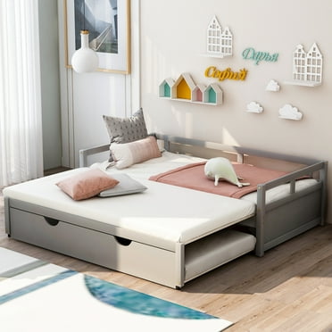 Extendable Daybed with Trundle, Wooden Daybed Twin or Double Twin, Kids Twin Size Trundle Daybed for Kids Teens Adults, No Box Spring Required (Twin/Double Twin, Gray)