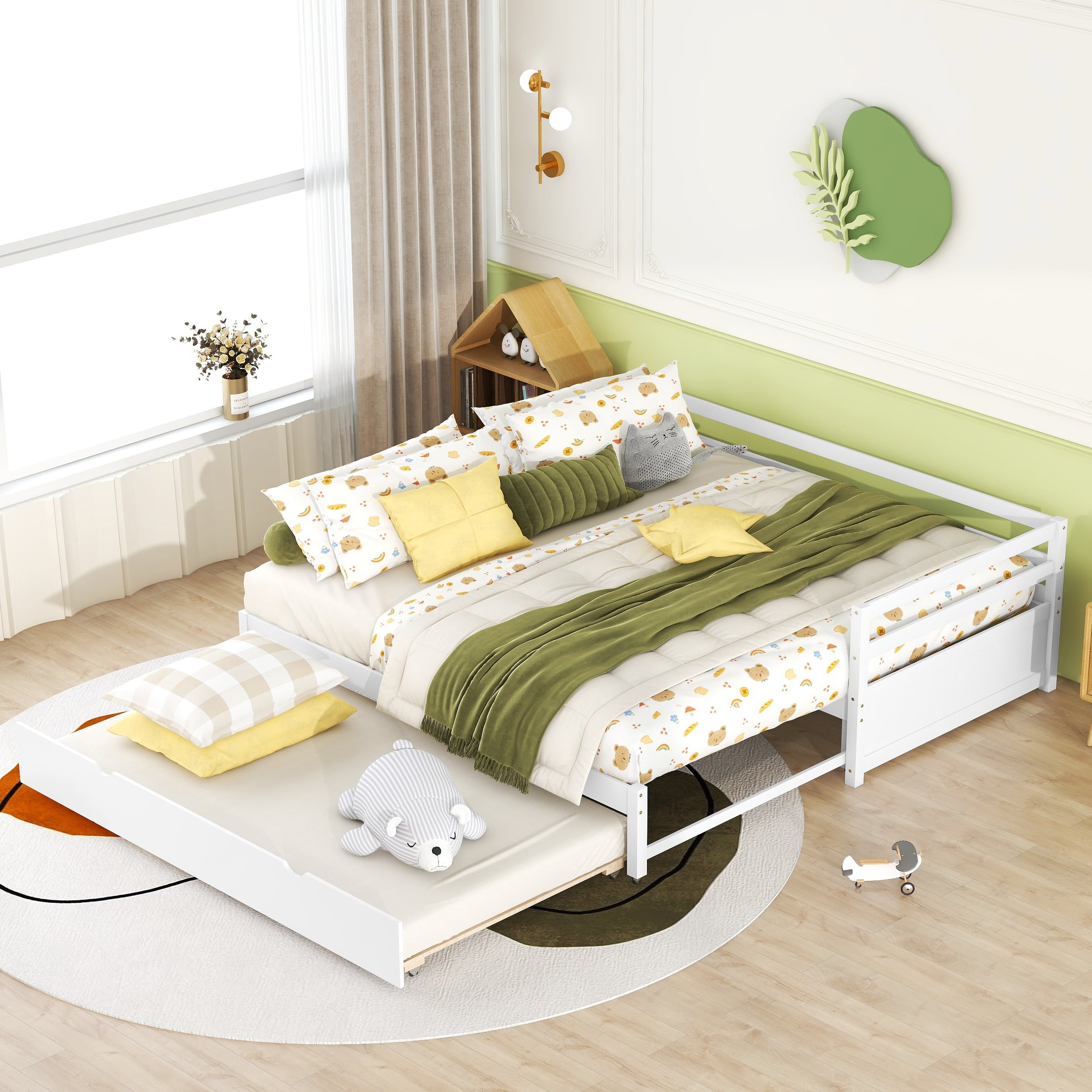 Extendable Daybed with Trundle, Wood Twin to King Sofa Bed with Pull