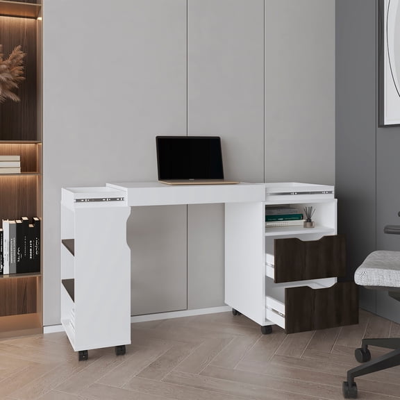San Diego 54" Wide Two Drawer Expandable Desk with Seven Shelves and Casters White - Dark Walnut