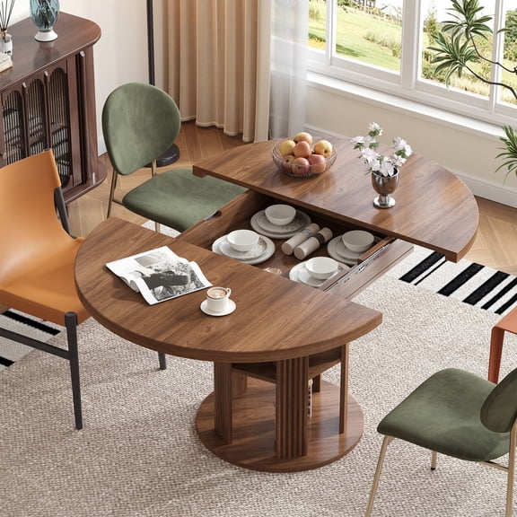 Extendable Dining Room Table for 4-6, 43.3in-59in Oval Dining Room Table with 2-Tier Storage Shelf, Modern Kitchen Table, Round Dining Stage with Wood Strip Base for Kitchen Living Room,Walnut