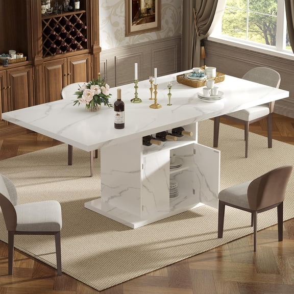 Hanyu Extendable Dining Room Table for 4-6, 47-63 Inch Rectangle Kitchen Dining Table with Storage, Expandable Modern Rectangle Dinner Table with Faux Marble Top for Kitchen, Dining Room
