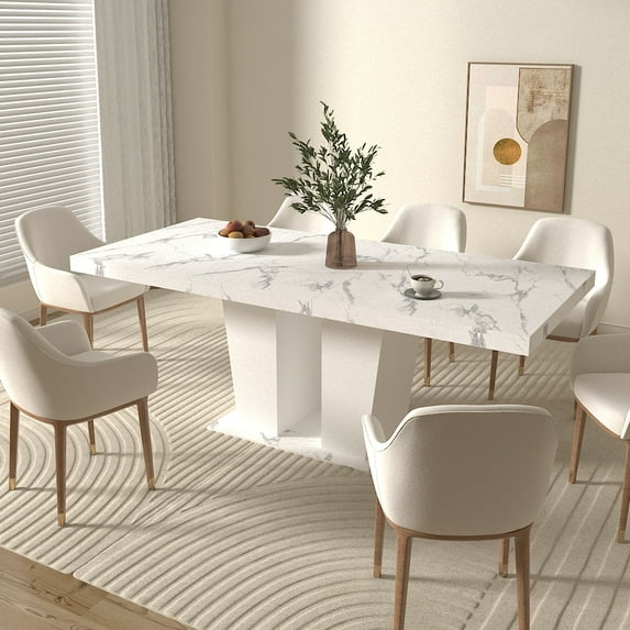 Extendable Dining Room Table for 6-10 Modern White Faux Marble Wooden Expandable Kitchen Table w/Dual Column Pedestal Base, Large Rectangle Dining Table