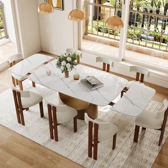 Extendable Dining Room Table for 6-12, Modern Dining Table 63" to 95" Expandable Dining Table, Faux Marble Rectangle Dining Table with Carbon Steel Base for Kitchen (Table Only)