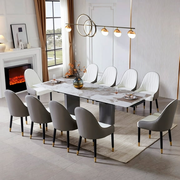 Extendable Dining Set for 10 People - Rectangular Sintered Stone Top (63" to 94.5") with Durable Stainless Steel Legs