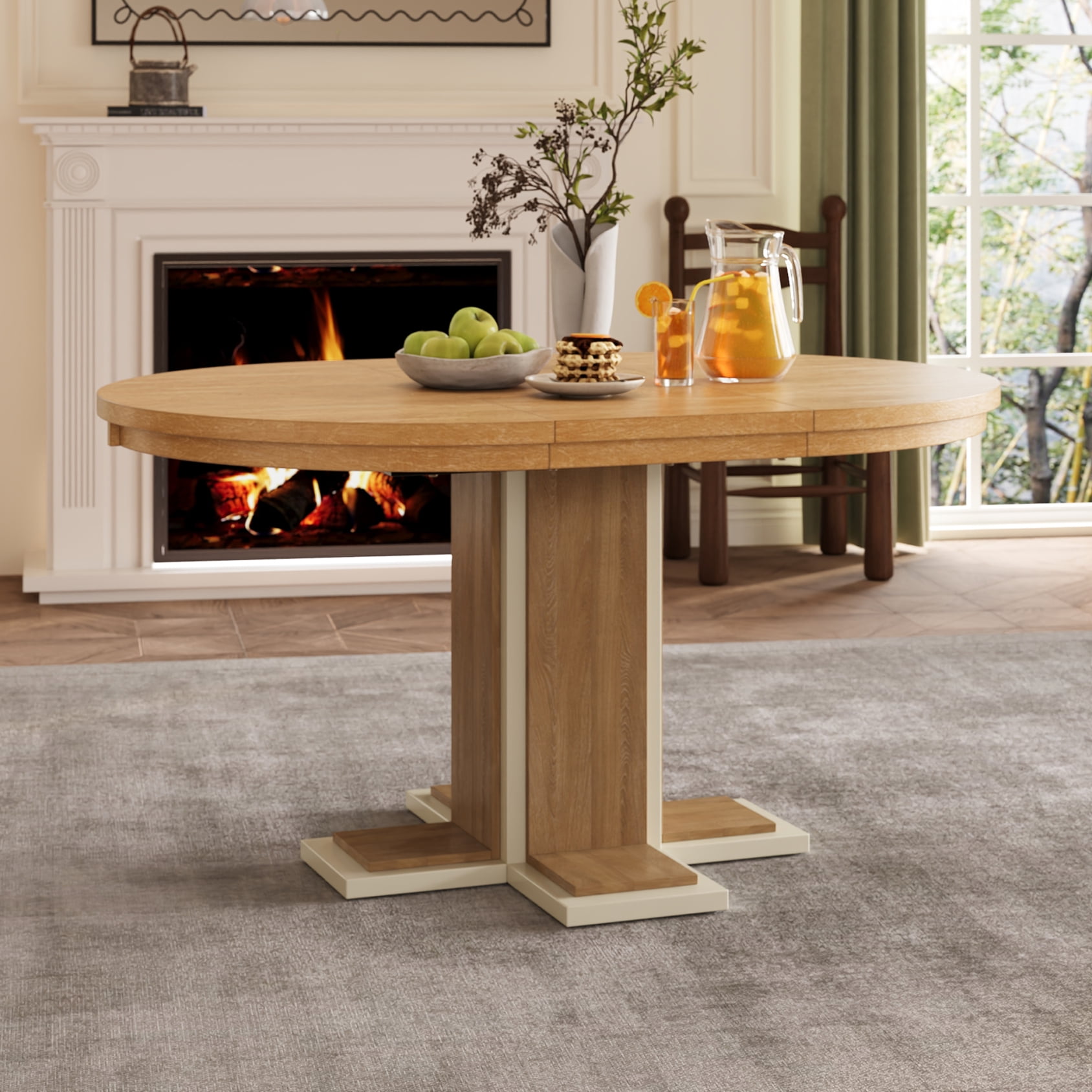 Extendable Dining Table with a 16-inch Middle Leaf, 42"-58" Oval Dining Table for 6, Retro Solid ...
