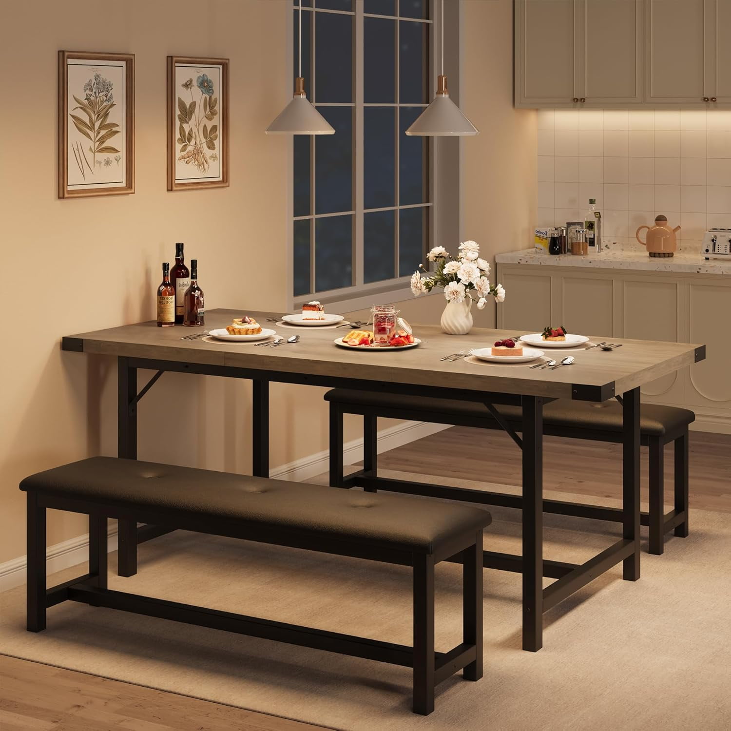 Extendable Dining Table for 4-6 Person,Wooden Dining Room Table,Modern 63" Extendable Table with 2 Upholstered Benches for Gatherings,Meeting for Small Kitchens Dining Office Areas
