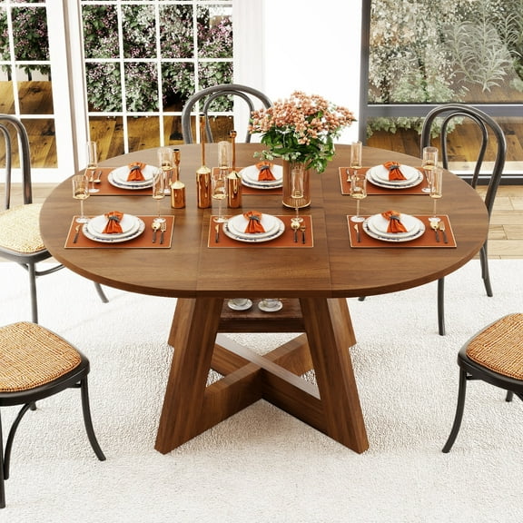 Extendable Dining Table for 4-6, Round Kitchen Table with Removable Leaves, Space Saving, Oval Dining Room Table with Storage Shelf for Kitchen Living Room (Walnut)
