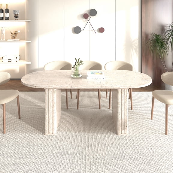 Extendable Dining Table for 4-8 People, Beige Travertine-Inspired MDF Oval Kitchen Table with Wooden Strip Base, Scratch-Resistant Melamine Surface for Family Living Room Area