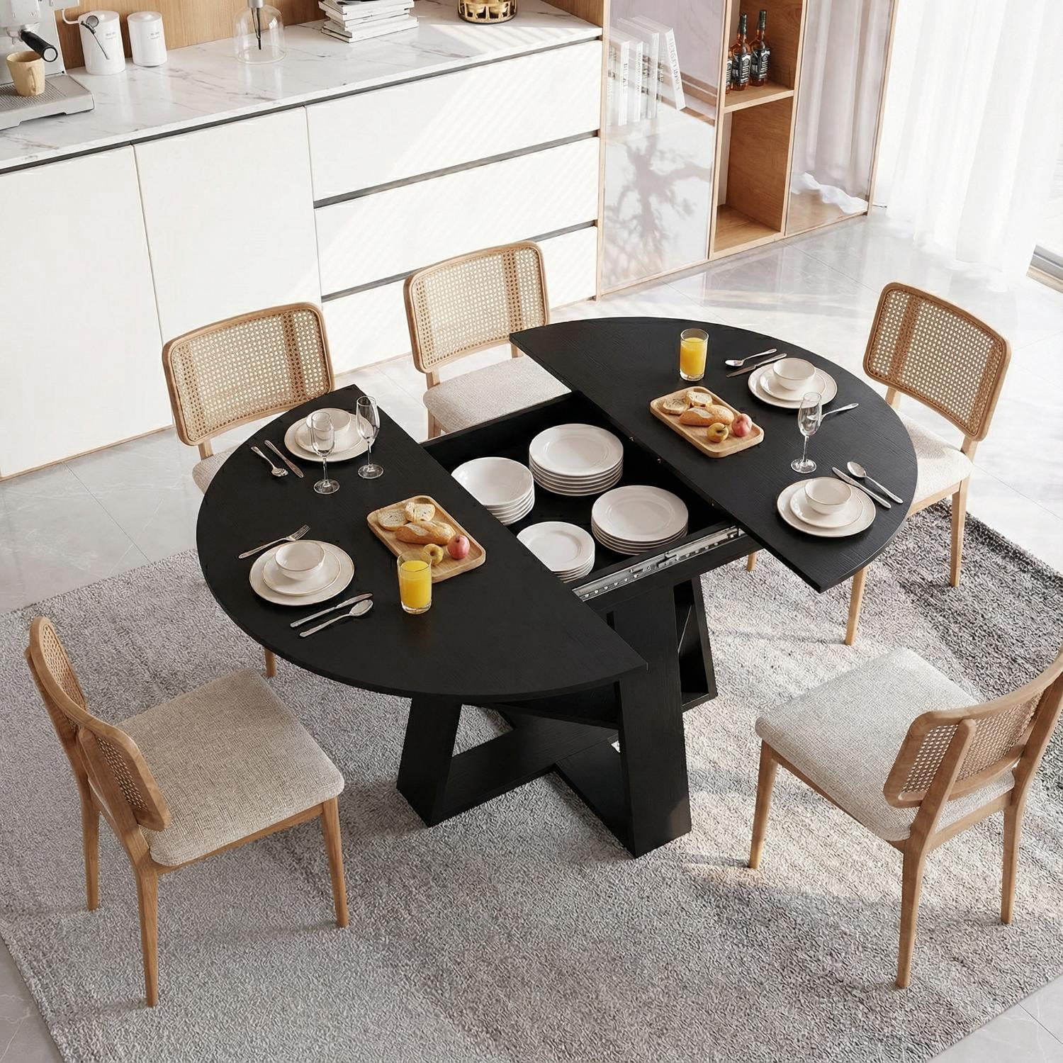 Extendable Dining Table for 4-8, Round to Oval Kitchen Table with Storage Shelf, Thick MDF, Cross-Shaped Base, 43.3 to 59-Inch Length, 300 Lbs Capacity, for Dining Room Kitchen Living Room, Black