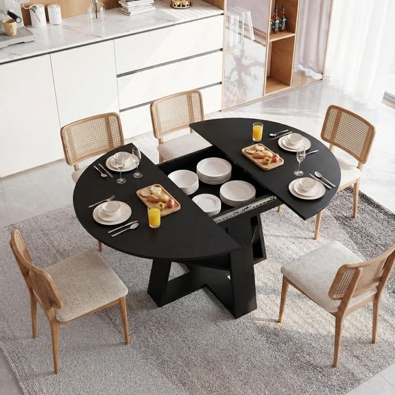 Extendable Dining Table for 4-8, Round to Oval Kitchen Table with Storage Shelf, Thick MDF, Cross-Shaped Base, 43.3 to 59-Inch Length, 300 Lbs Capacity, for Dining Room Kitchen Living Room, Black