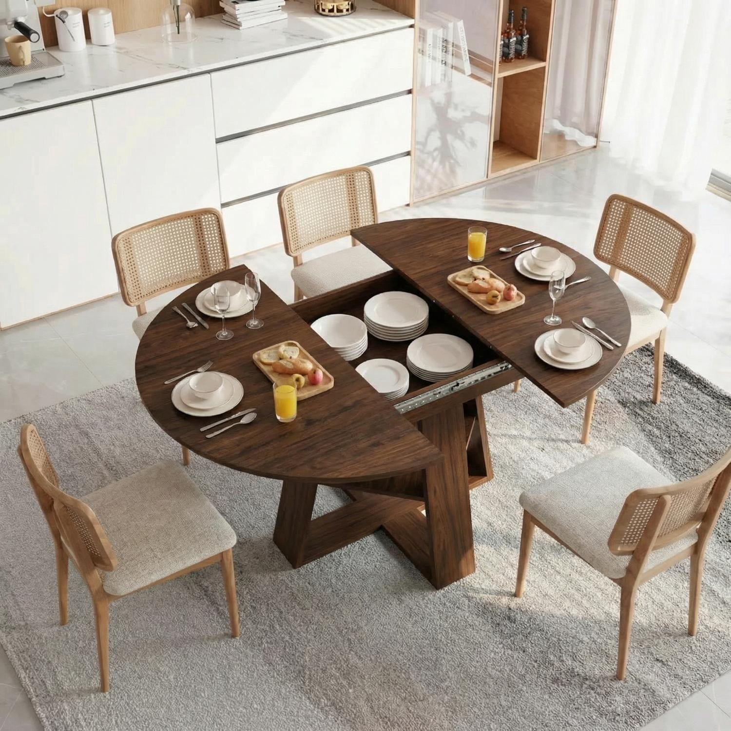 Extendable Dining Table for 4-8, Round to Oval Kitchen Table with Storage Shelf, Thick MDF, Cross-Shaped Base, 43.3 to 59-Inch Length, 300 Lbs Capacity, for Dining Room Kitchen Living Room, Walnut