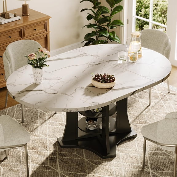 Extendable Dining Table 43"-59" for 4-6, Marble Round Kitchen Dining Room Table with 2 Tier Storage Shelves, Expandable Round to Oval Dinner Table with Storage for Kitchen Living Room