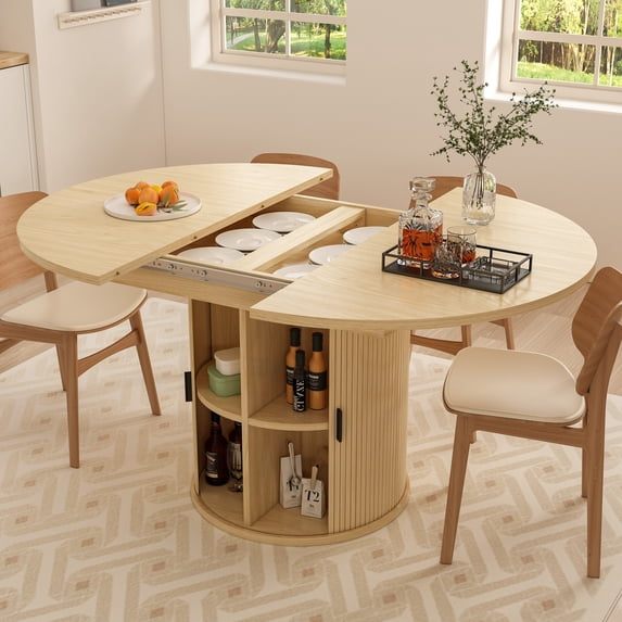 Extendable Dining Table 43-59", Suitable for Family Gatherings, Solid Wood Top with Fluted Sliding Door and 8 Storage Compartments, Space-Saving Dining Furniture