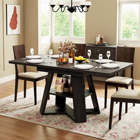 Extendable Dining Table 47.24''-66.92'', Seats 4-6, Rectangle Kitchen Table with Removable Leaves, Storage Shelf, Black