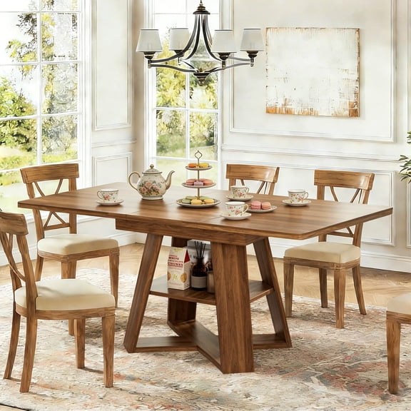 Extendable Dining Table 47.24''-66.92'', Seats 4-6, Rectangle Kitchen Table with Removable Leaves, Storage Shelf, Walnut