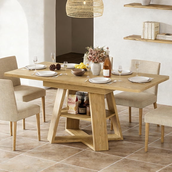 Extendable Dining Table 47.24''-66.92'', Seats 4-6, Rectangle Kitchen Table with Removable Leaves, Storage Shelf, Wood