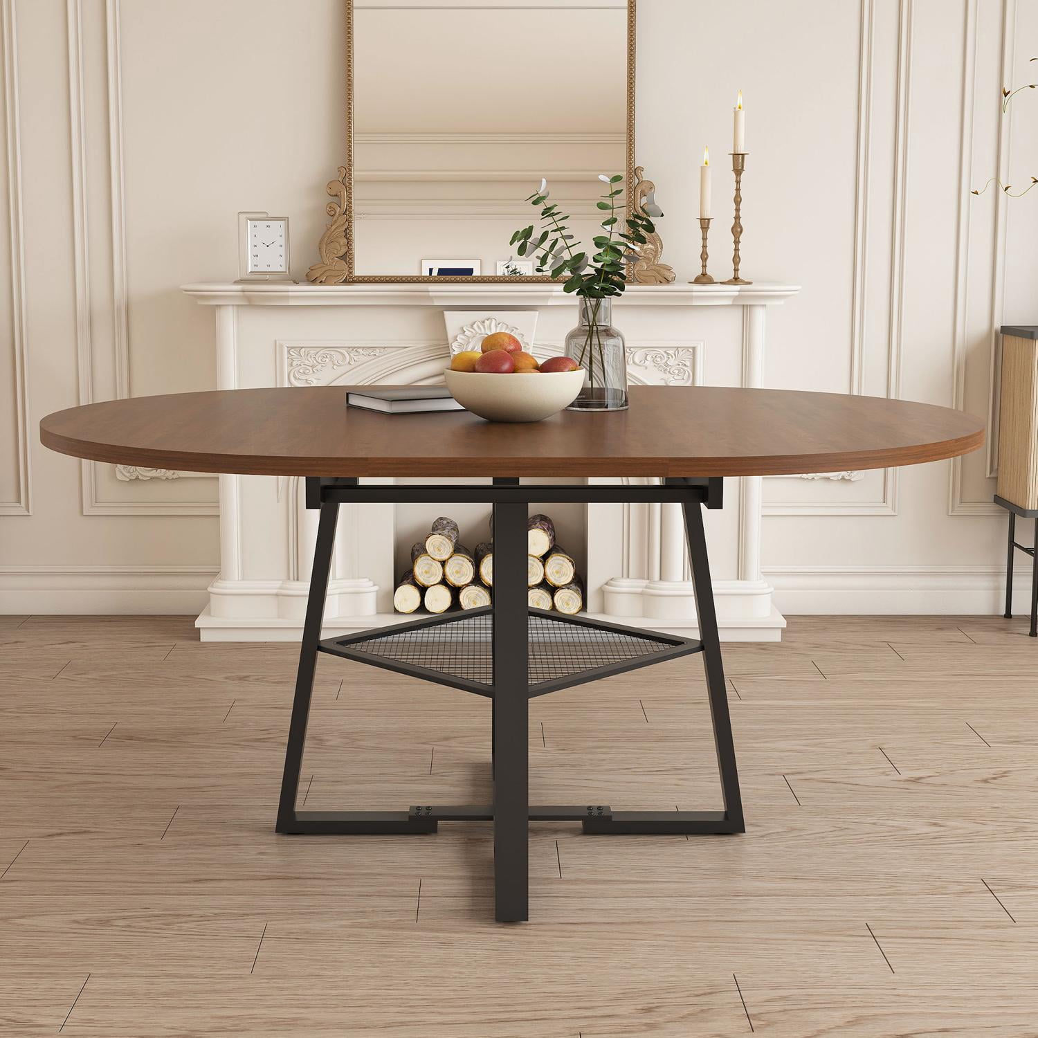 Extendable Dining Table, 47-59 Inch Round Table with Open Wire Grid Shelf and Metal Frame, Multi-Functional Design for Dining Room, Walnut Finish