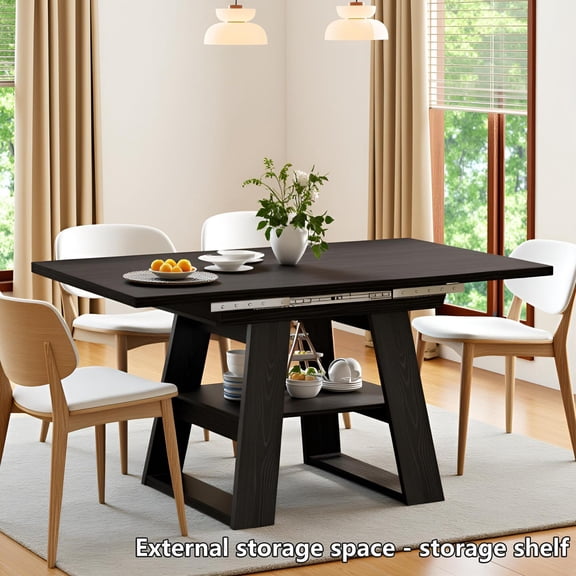 Extendable Dining Table 47-67 in for 4-6, Rectangular Wooden Kitchen Table with Removable Leaves, Storage Shelf, Black