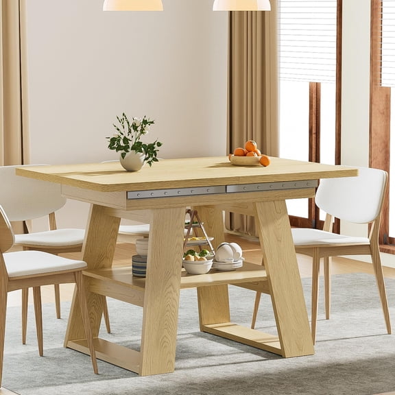 Extendable Dining Table 47-67 in for 4-6, Rectangular Wooden Kitchen Table with Removable Leaves, Storage Shelf, Wood