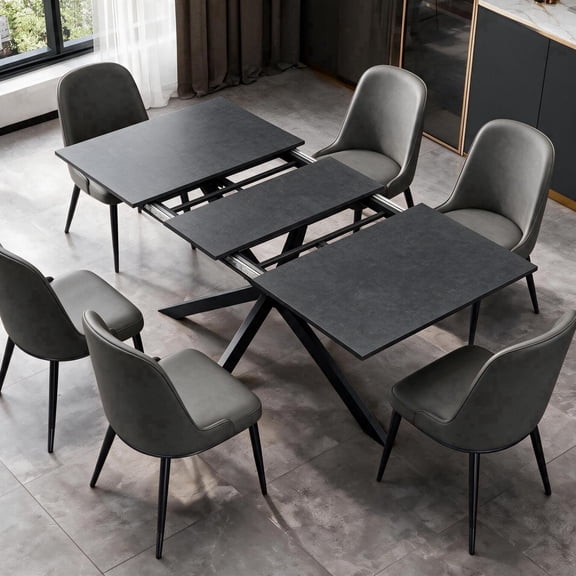 UVANIOHOM 63-78.7" Extendable Dining Table, Butterfly Leaf, 6-10 Seat Farmhouse Table, Black Lava