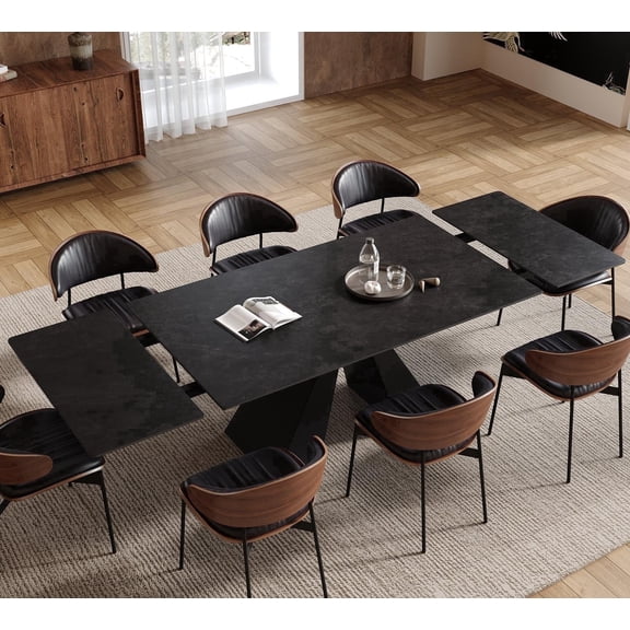 Extendable Dining Table for 6-12, Modern Extendable Dining Room Table, Gray Sintered Stone Dining Tabletop with Solid Carbon Steel Base, 63" to 95" Expandable Dining Table (Kitchen Table Only)
