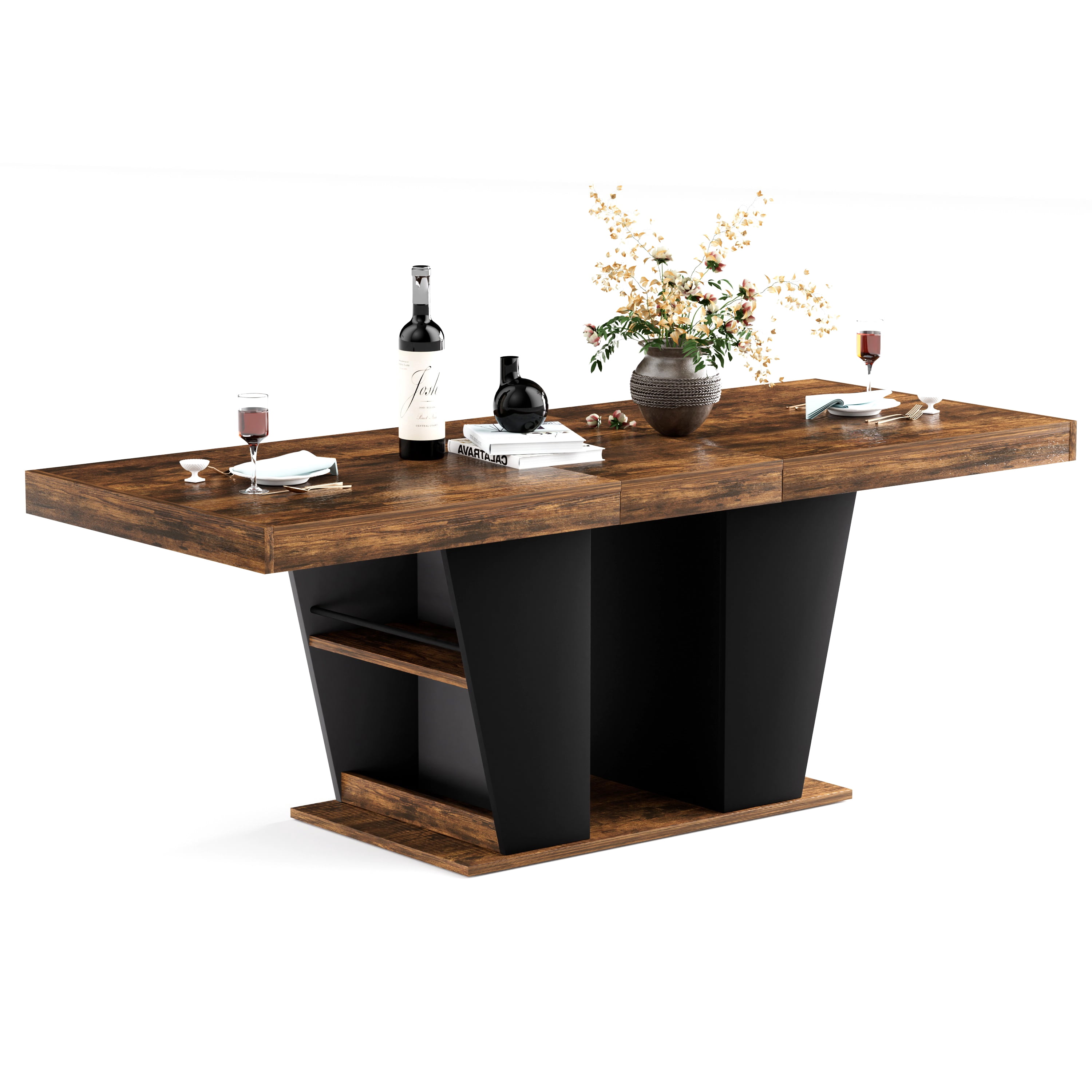 Extendable Dining Table 63-78.7 Inch 500 lbs Capacity Vintage Brown with Storage Shelves for Kitchen Dining Room