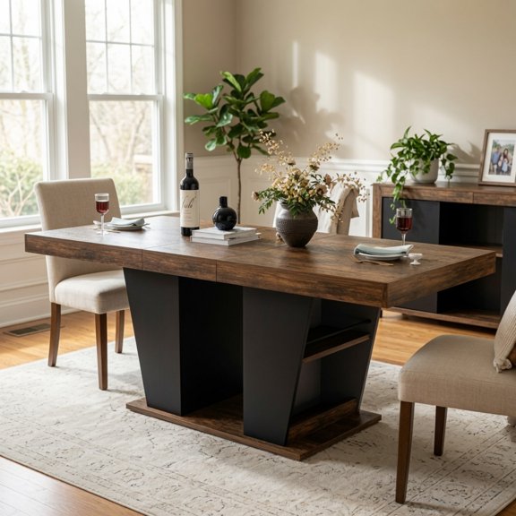 Extendable Dining Table 63"-78.7", Seats 8-10, Storage Shelves Both Sides, Mid-Century Modern Wood Kitchen Table, Black