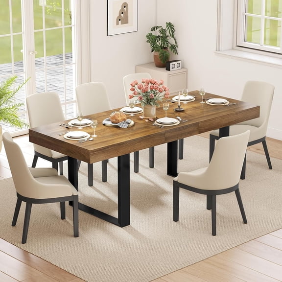 Extendable Dining Table Farmhouse, 63-79" Kitchen Table for 4 to 8, Large Rectangular Dining Room Table,Space Saving,Brown