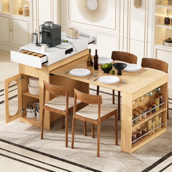 Extendable Dining Table with Folding Tabletop - Bar Table with Drawers and Power Outlet, Kitchen Island with Wheels and Hooks, Sideboard for Kitchen, Dining Room, Apartment