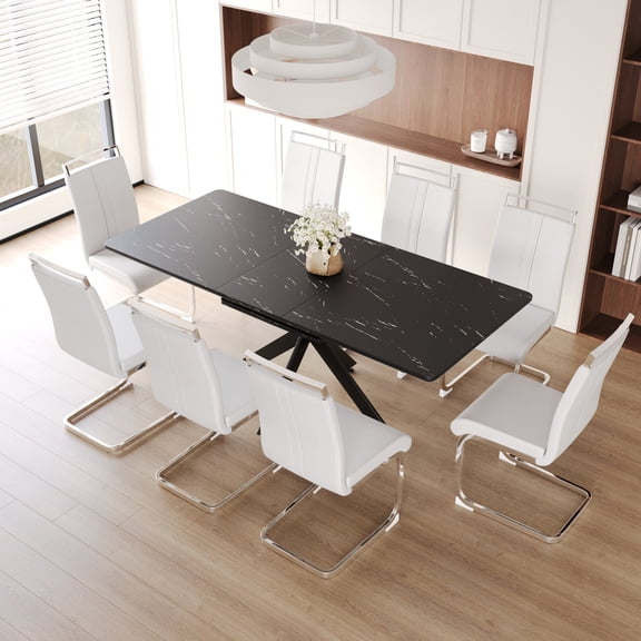 Extendable Dining Table For 6 - 8, Tabletop, Black Metal Legs, 8 Cushioned Chairs, Taste Person Configuration, 62.4" Table, , Comfortable Chic