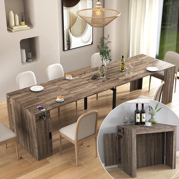 Extendable Dining Table, Large Rectangle Kitchen Table with Storage & Charging Station, 23.6"-118" Folding Dining Room Table, Conference Meeting Table for 2-14 People,Brown