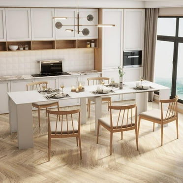 Extendable Dining Table, Modern Transformer, Space-Saving Dining Table, Multifunctional Conference Meeting Desk (No Chairs) (White+MDF)